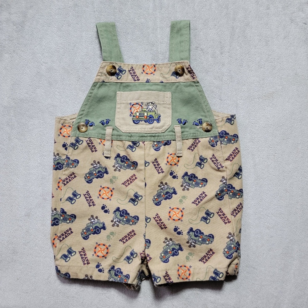 b.t. kids Vintage Puppy Patrol Jeep Shortall Overalls Khaki Green 6-9‎ Months